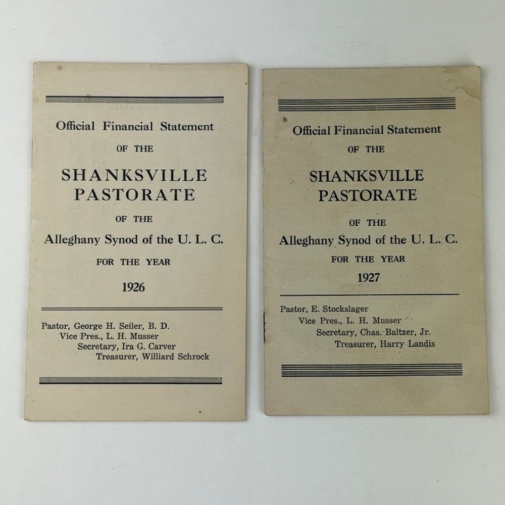 Shanksville Pennsylvania Pastorate Official Financial Statements of 1926 & 1927‎